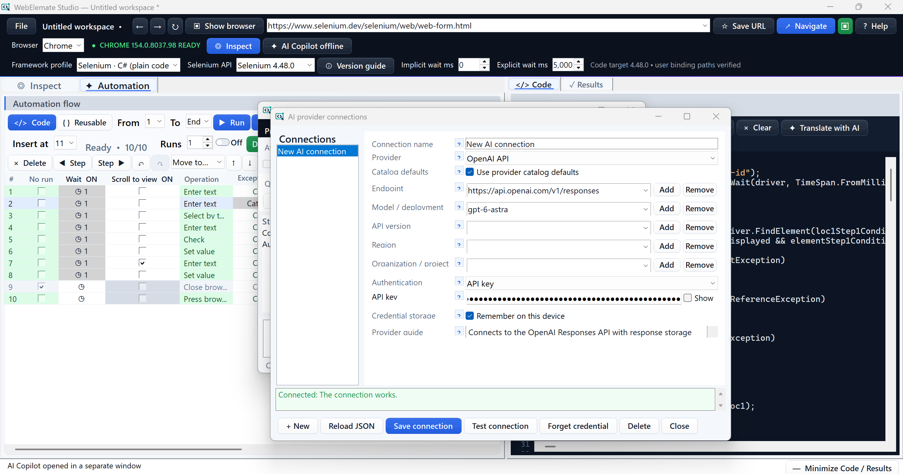 AI connection manager showing catalog defaults, a masked API key, remembered credential option, and a successful test