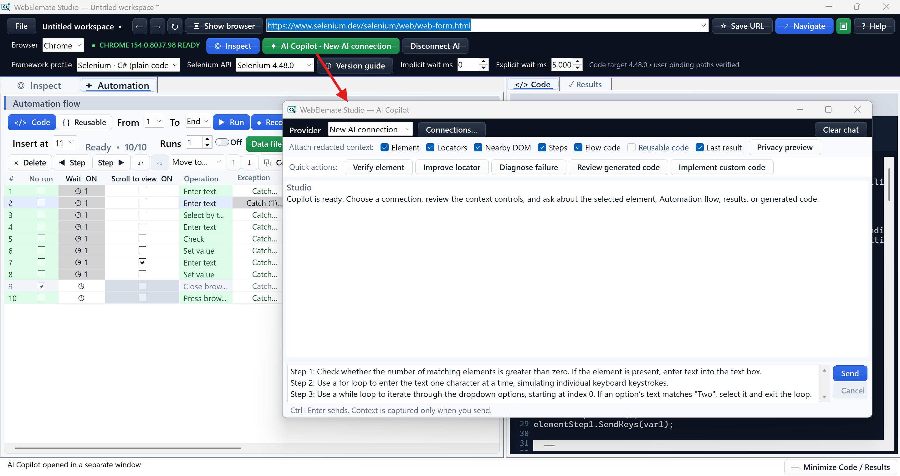 AI Copilot with selected redacted context, quick actions, a prompt draft, and a connected provider