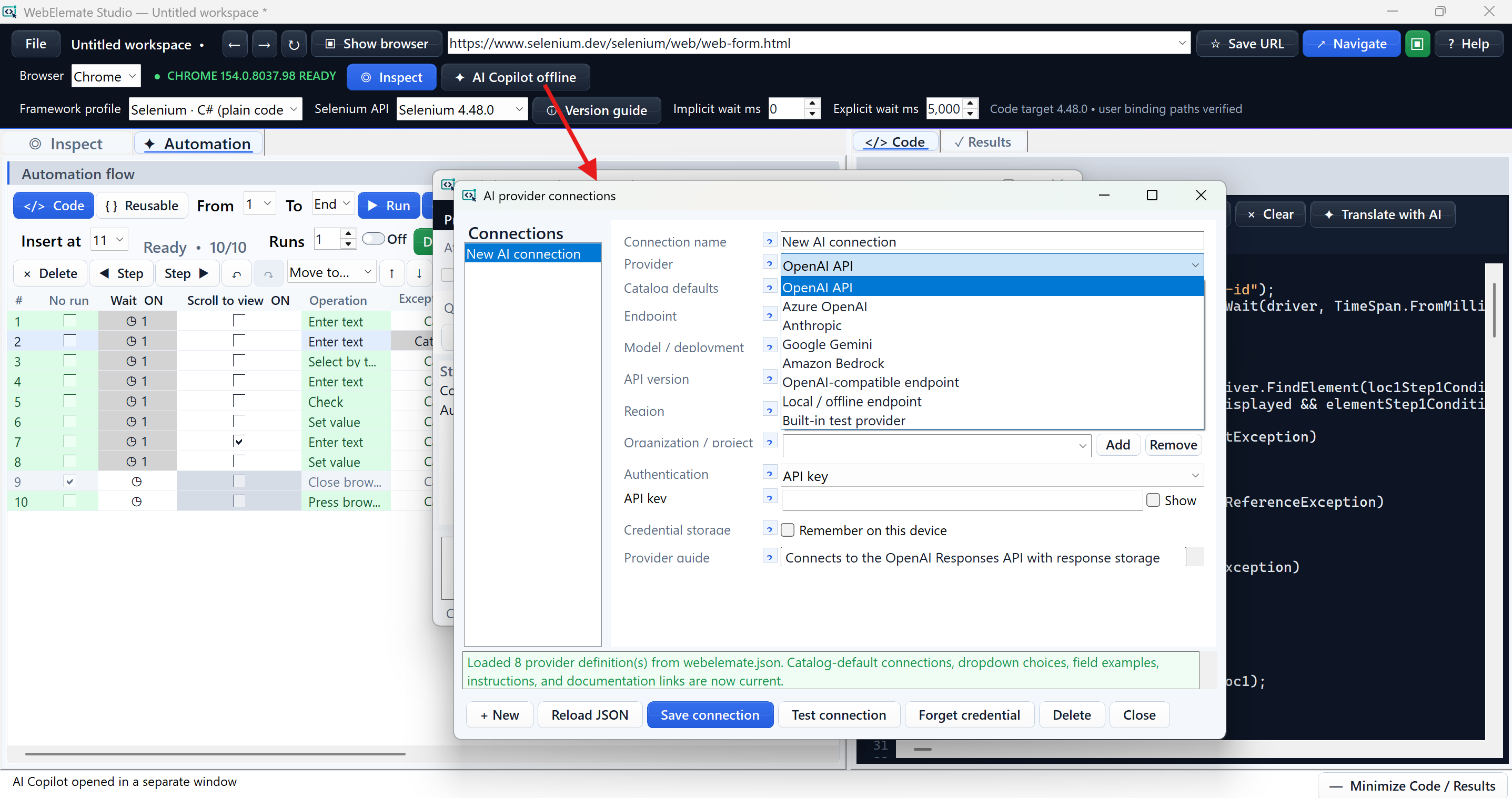 AI connection manager showing OpenAI, Azure OpenAI, Anthropic, Gemini, Bedrock, compatible, local, and test provider choices