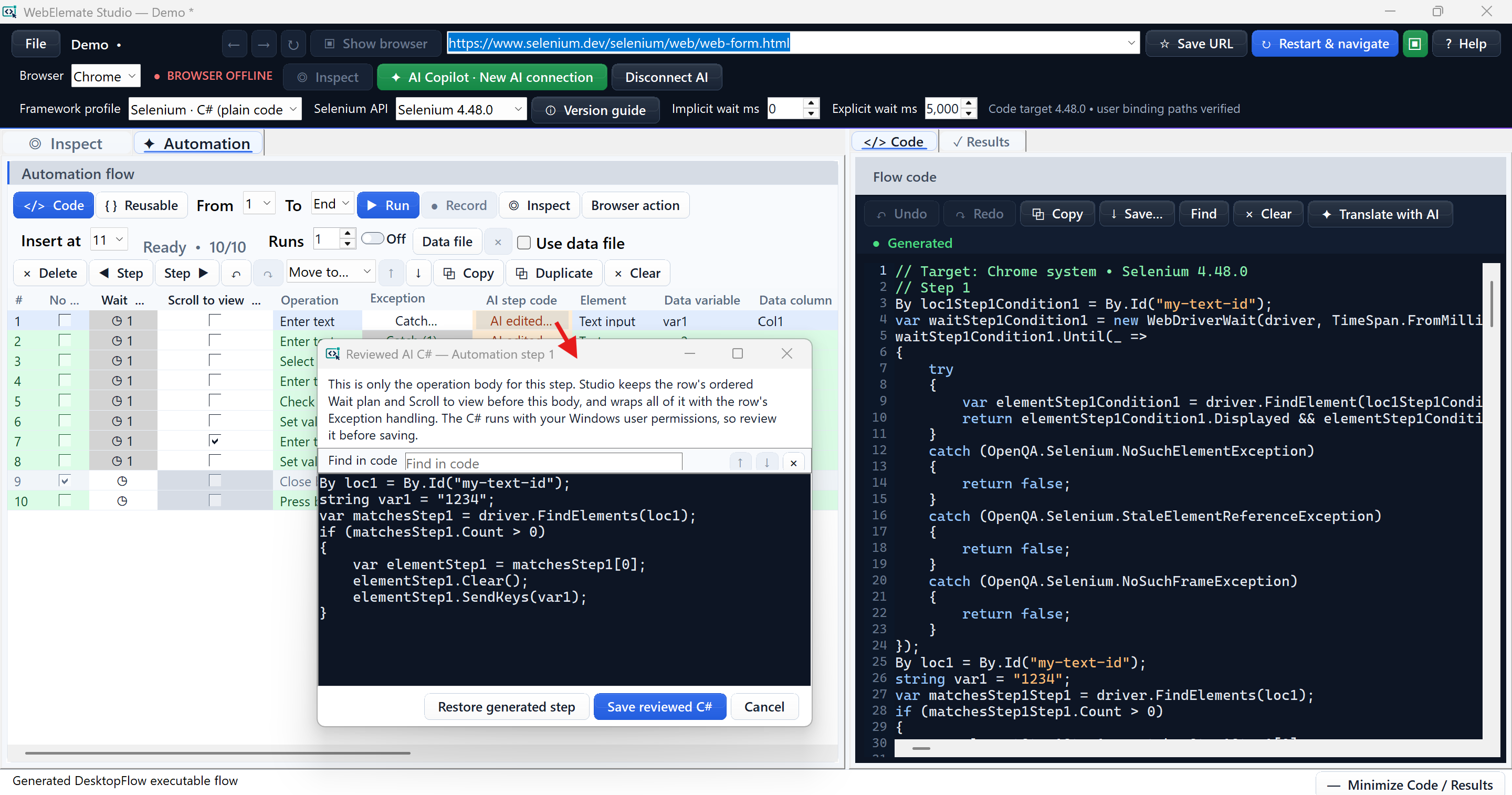 Reviewed AI C-sharp operation-body editor with restore-generated and save-reviewed controls