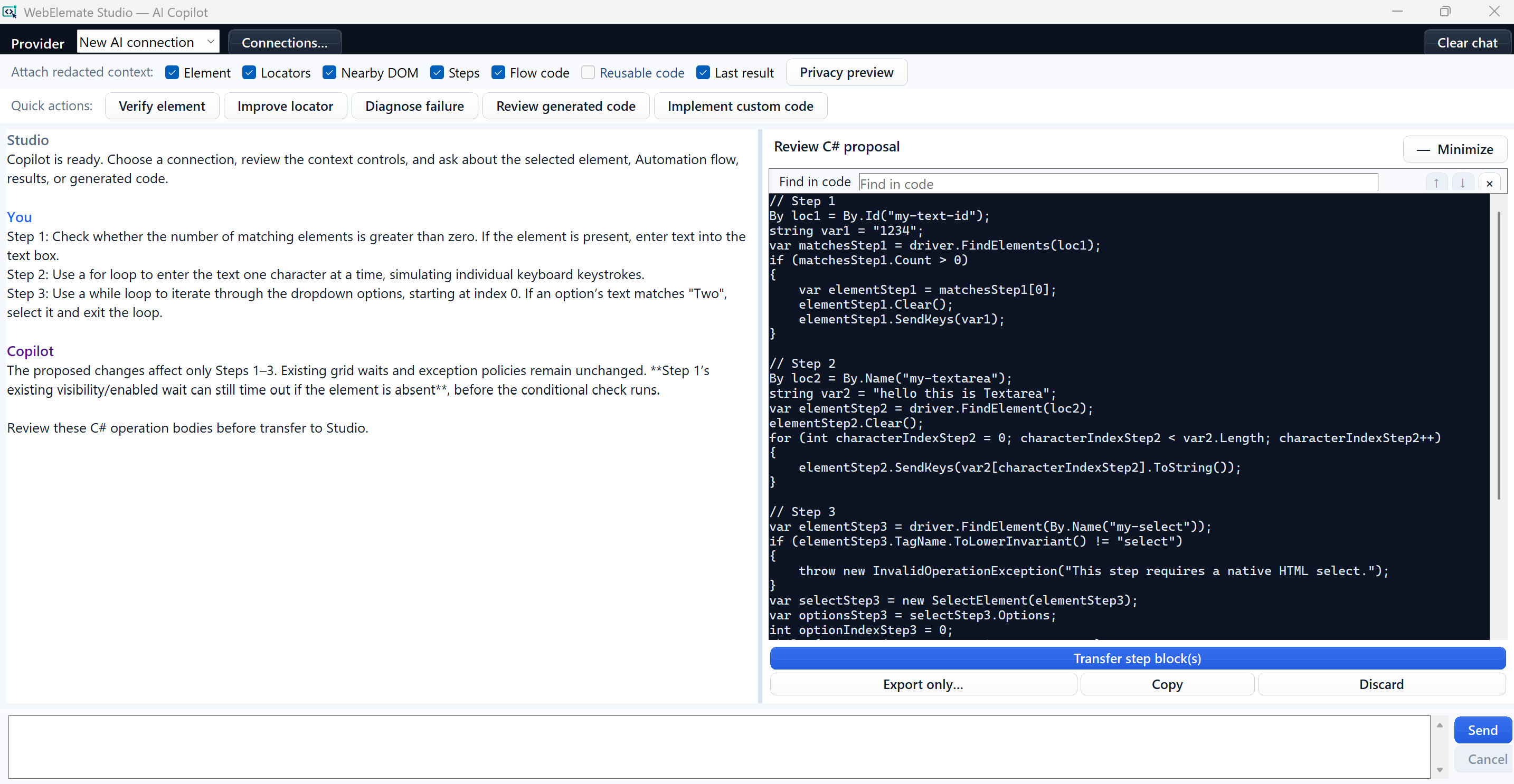 AI Copilot showing the user request, review warning, C-sharp proposal, and transfer, export, copy, and discard controls
