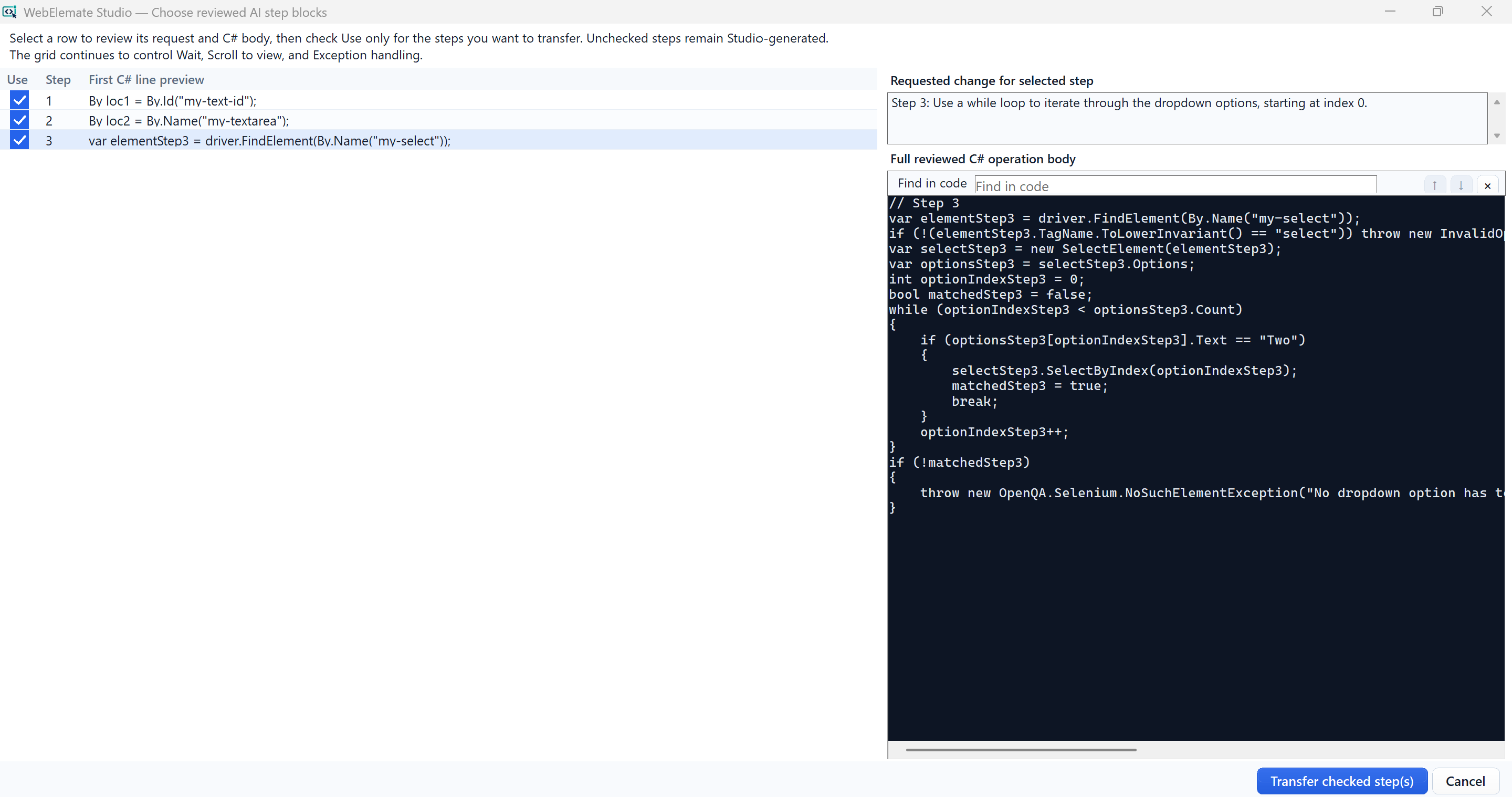 Reviewed AI step chooser with three checked Use boxes and the transfer action enabled