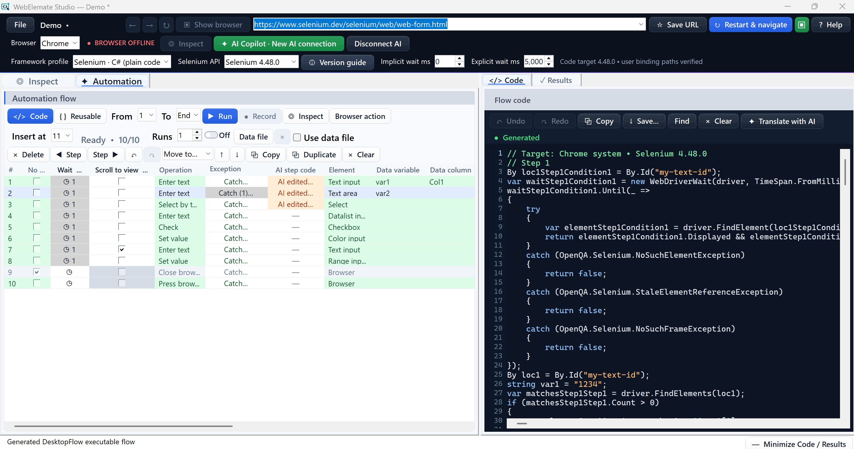 Automation flow with rows one through three marked AI edited and regenerated Flow code