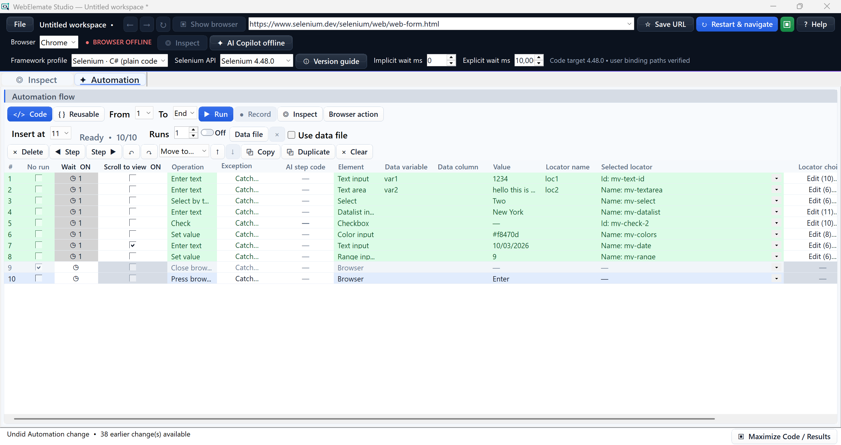 Wide Automation grid with values, named locators, selected locators, and locator-choice controls