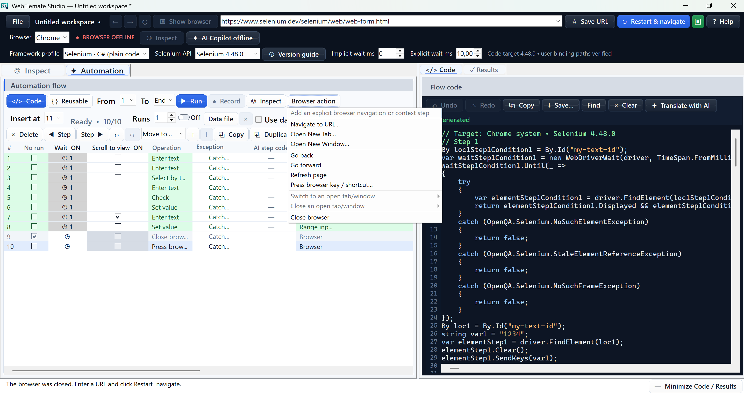 Browser action menu with navigation, tab, window, keyboard, and close operations