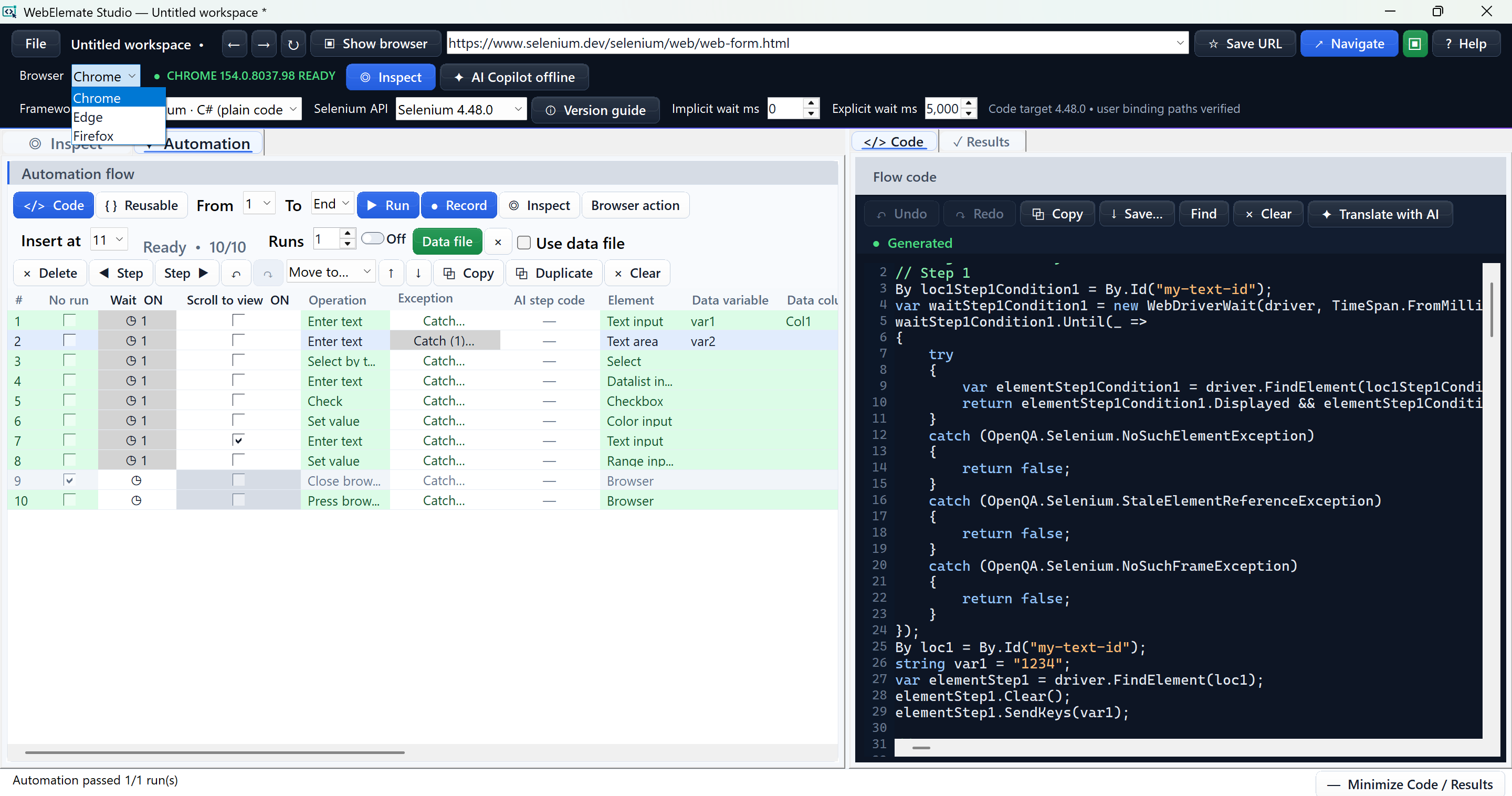 Browser selector showing Chrome, Edge, and Firefox choices