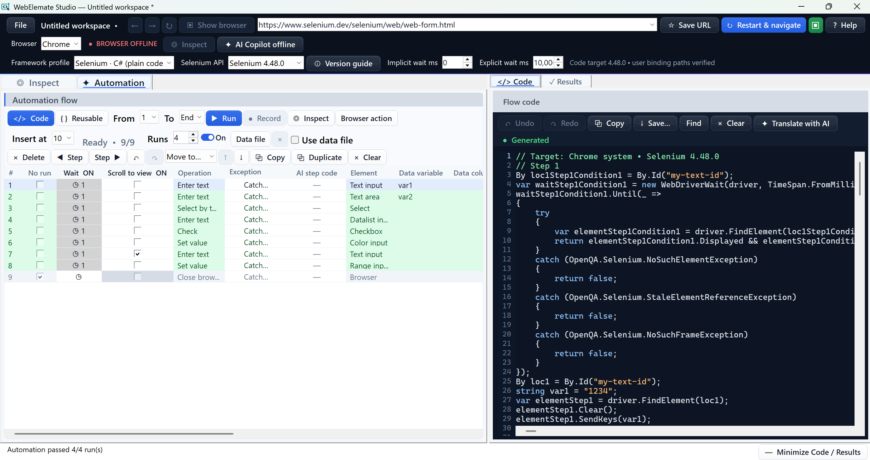 Automation workspace with ordered rows, repeated runs, data, generated code, and a successful four-run result