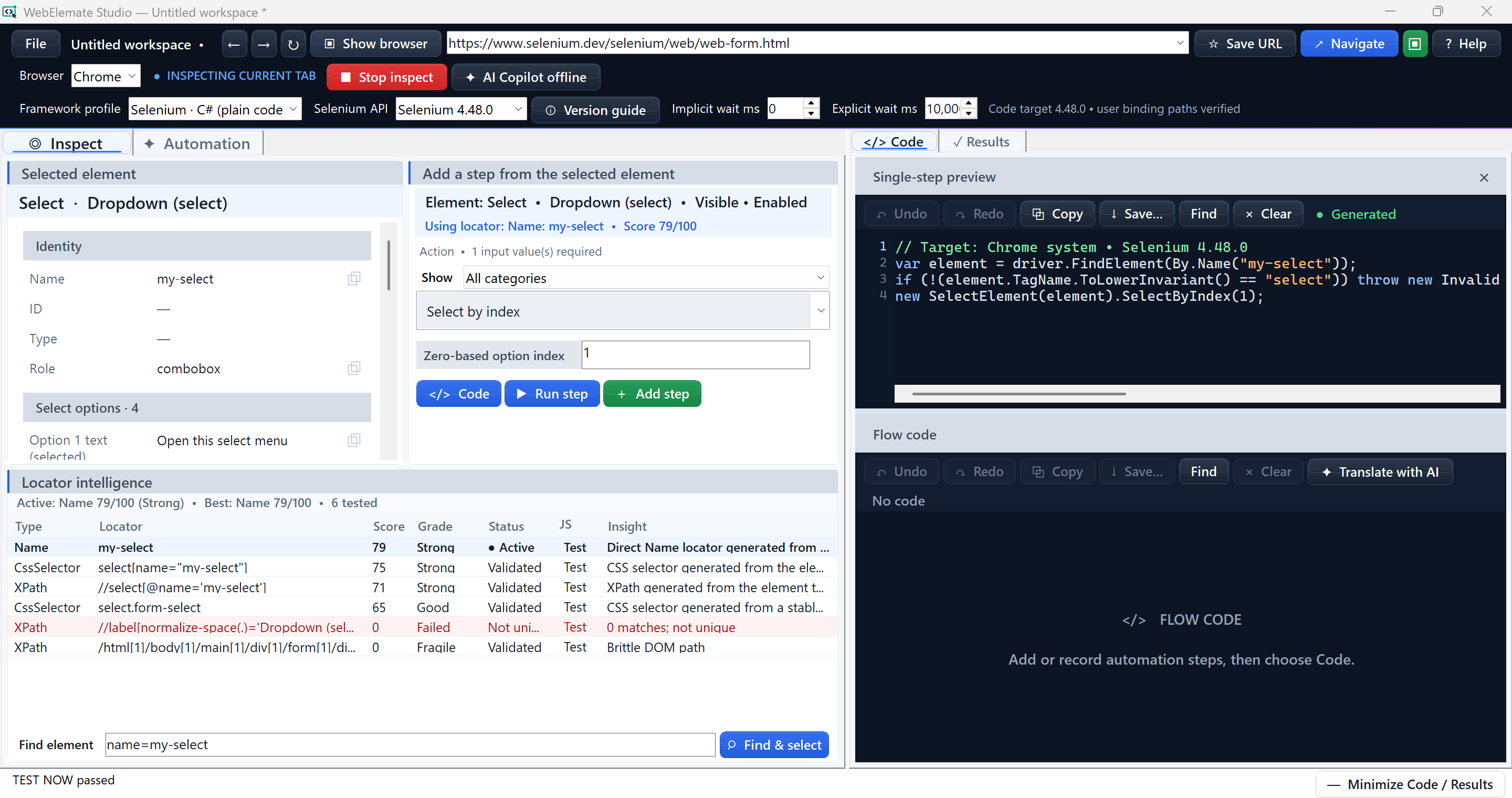 Current WebElemate Studio Inspect workspace showing selected-element evidence, validated locator candidates with JS Test, action controls, and a C-sharp single-step preview