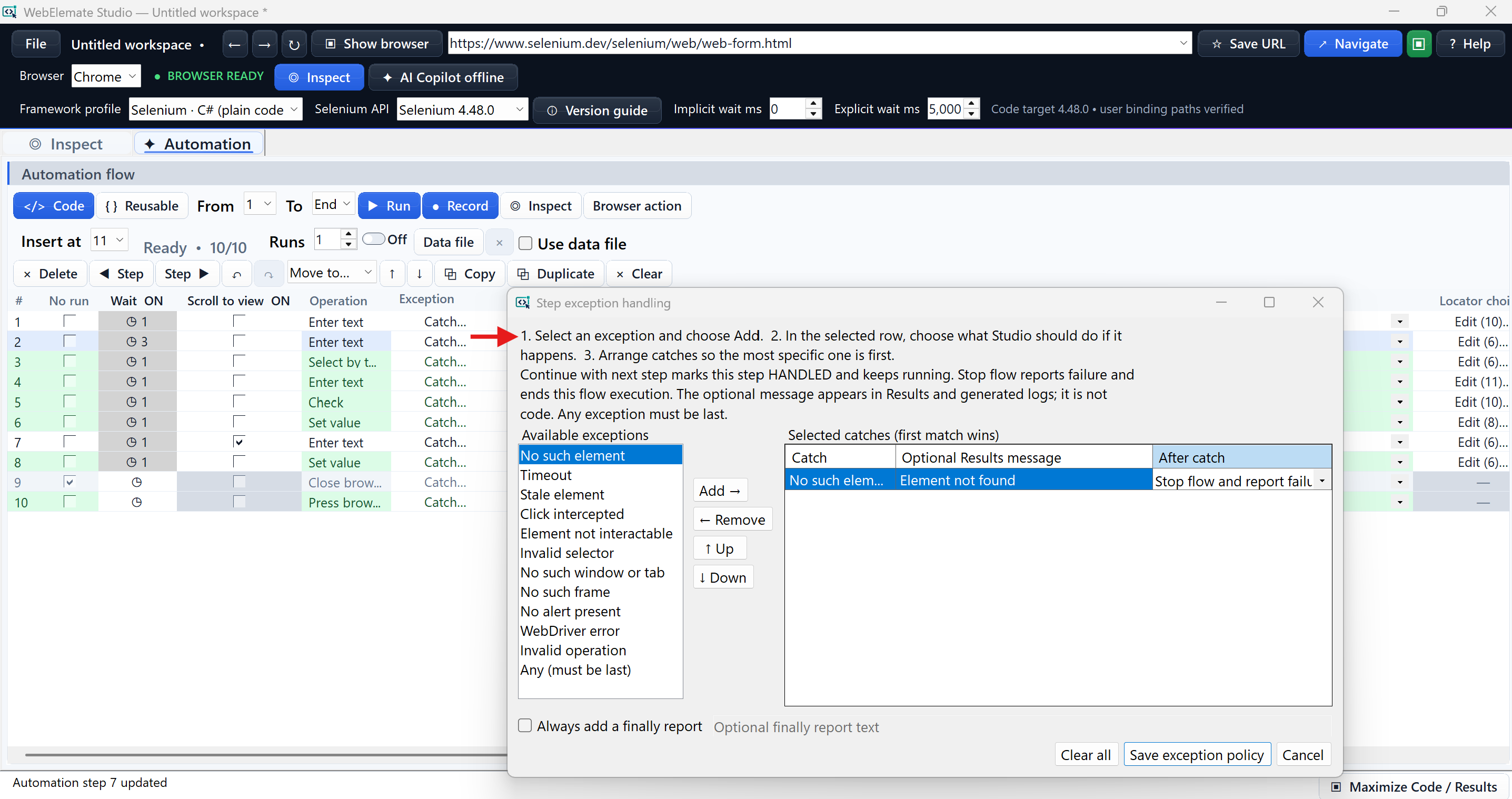 Exception policy with typed catches, result text, continue or stop behavior, and optional finally reporting