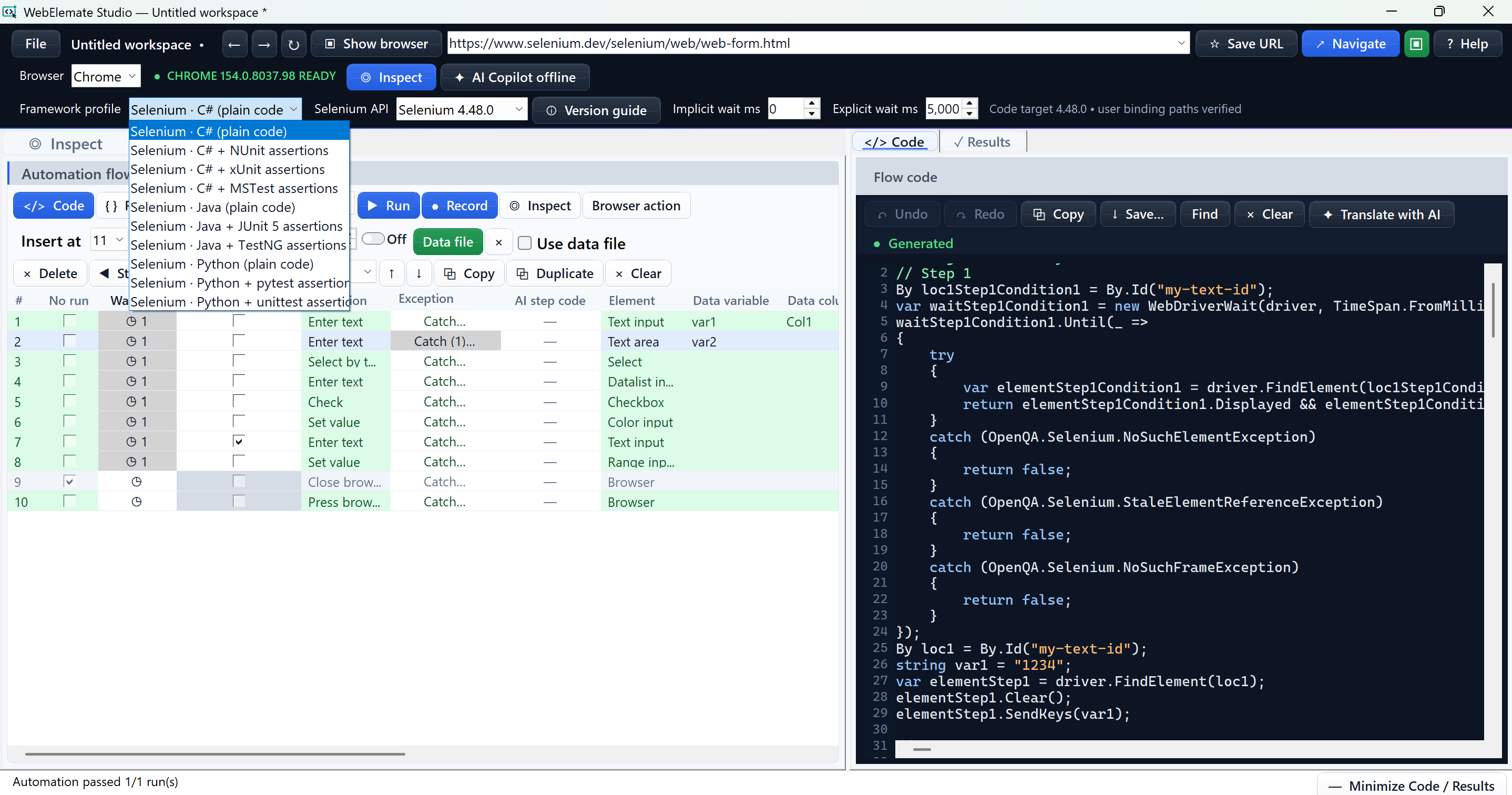Framework profile selector showing C-sharp, Java, and Python plain and assertion-framework targets