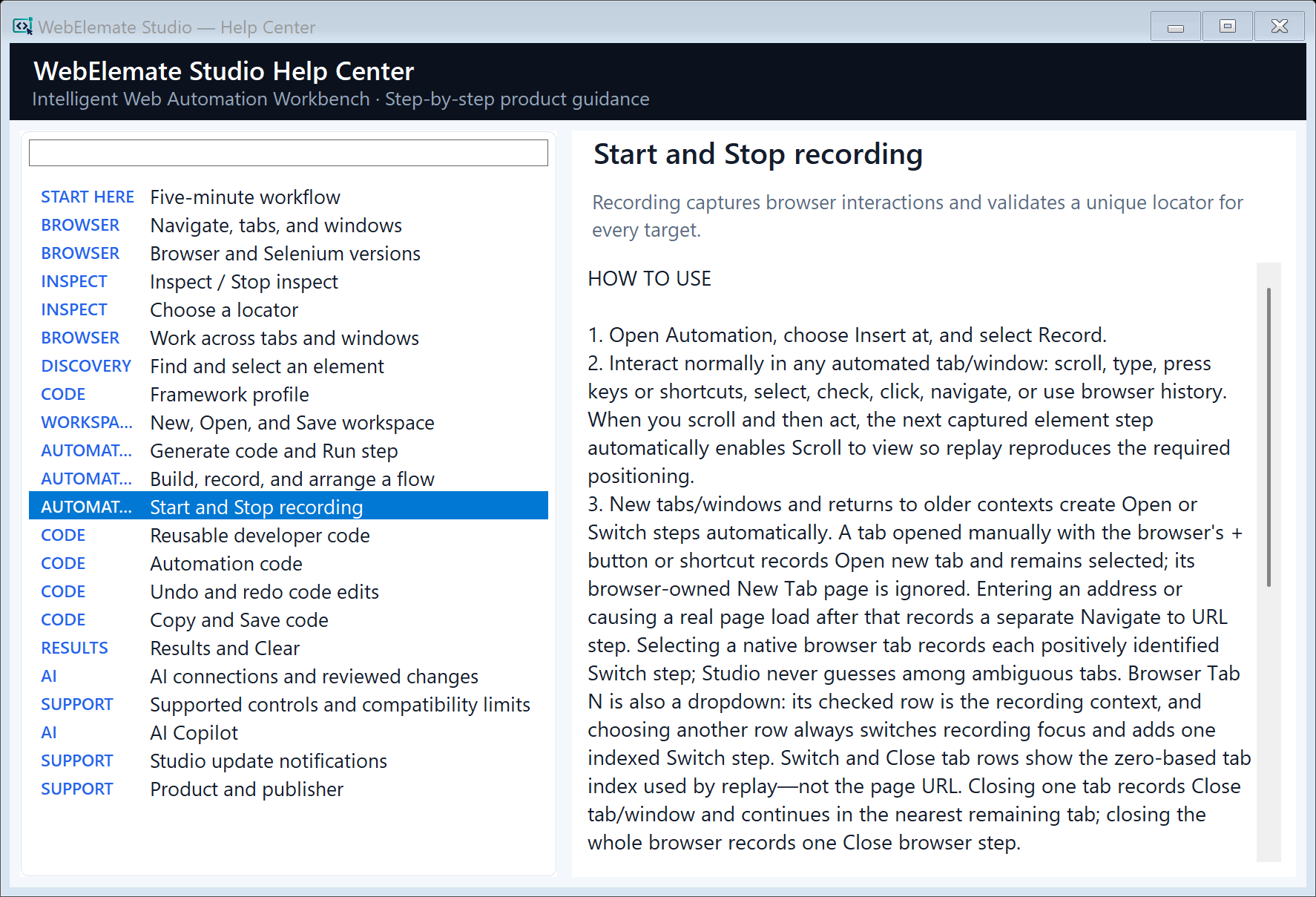 Current searchable Help Center with browser, Inspect, Automation, code, Results, AI, and support topics