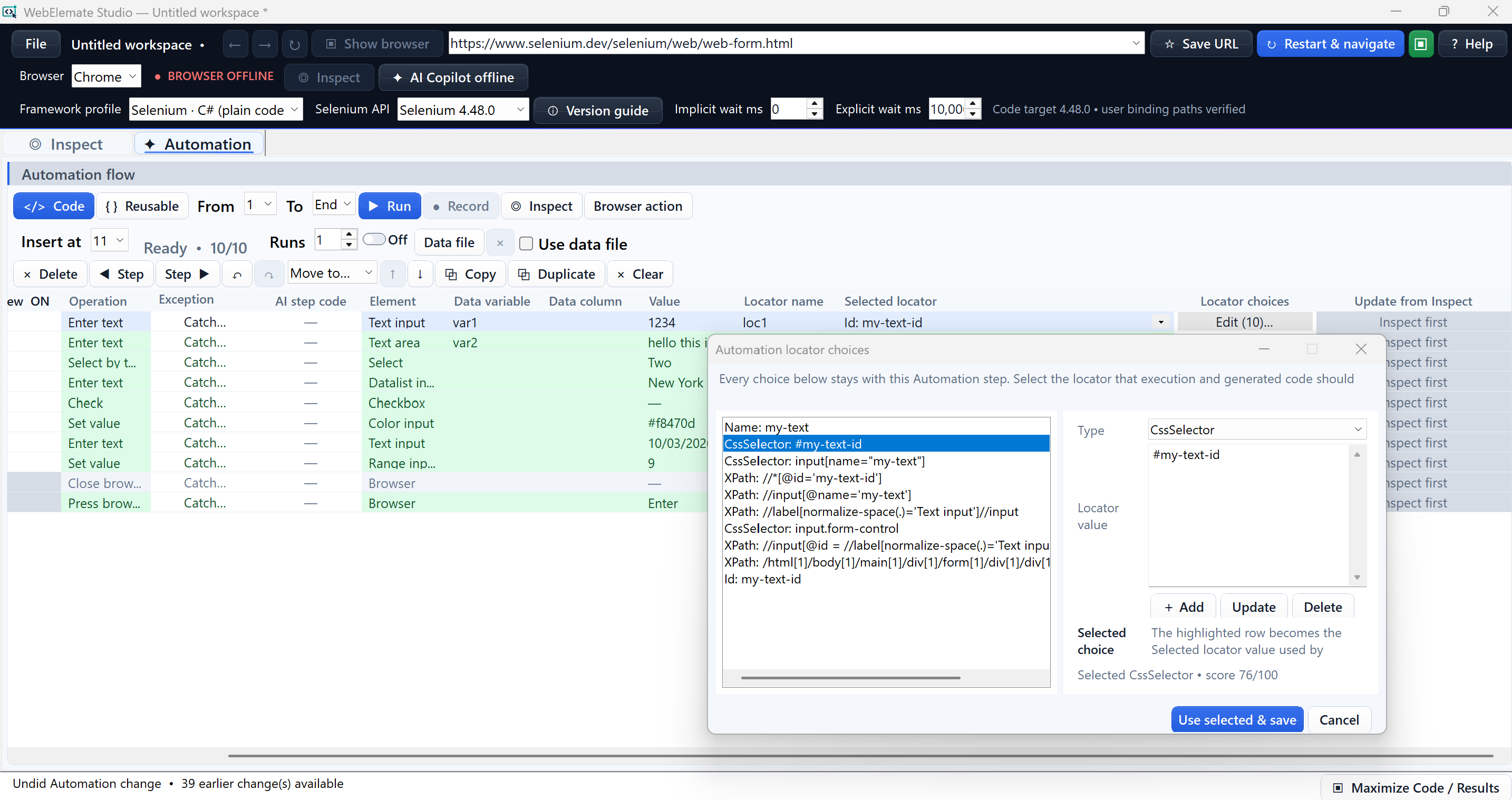 Automation locator choices dialog listing retained candidates and a selected CSS locator