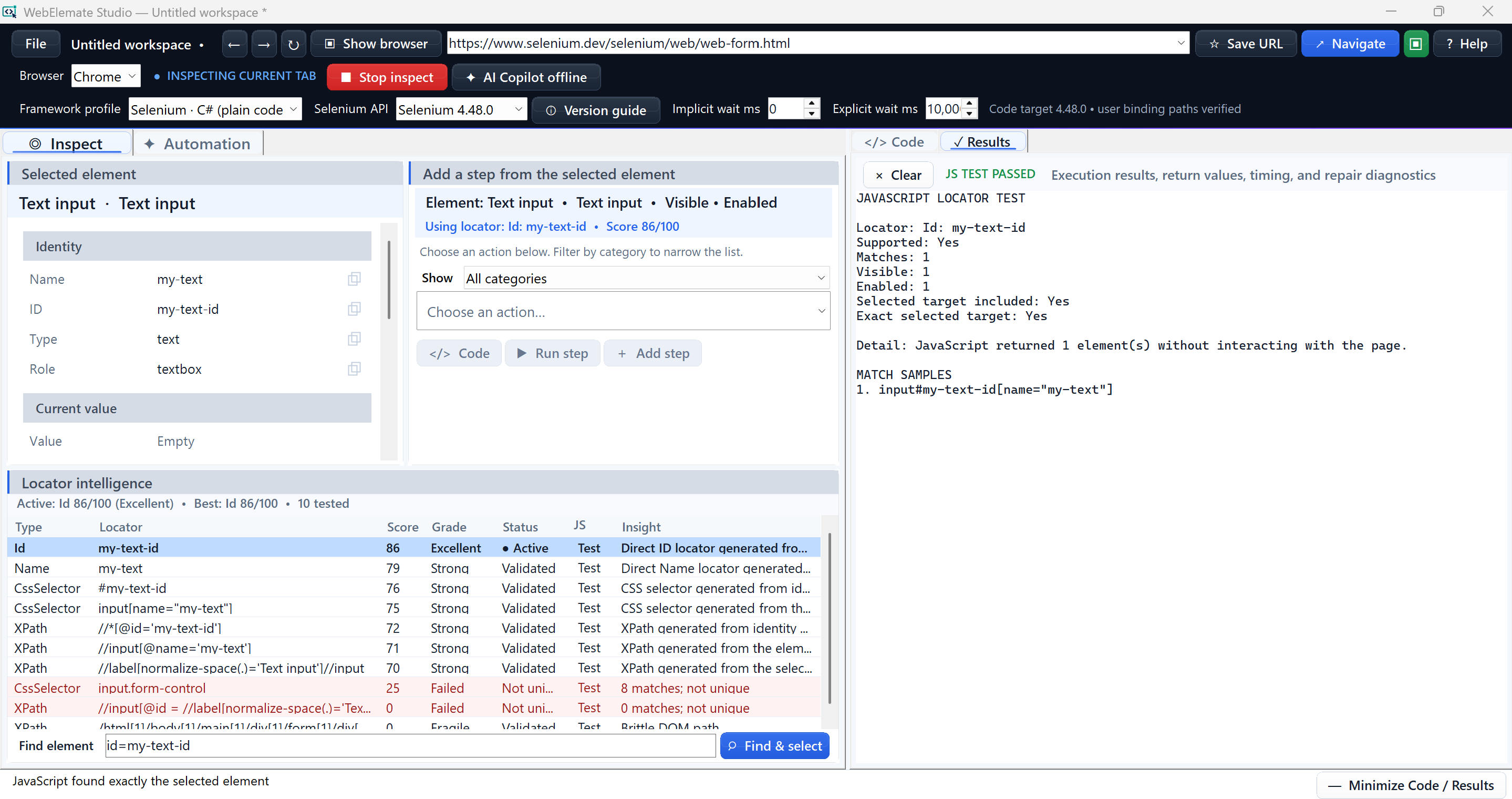 Results view showing an exact JavaScript locator test match for the selected text input