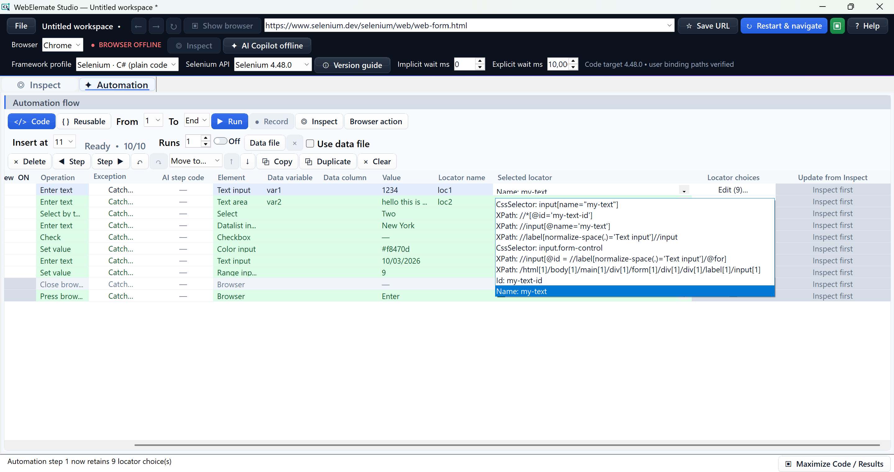 Automation grid locator dropdown showing the retained CSS, XPath, ID, and name choices
