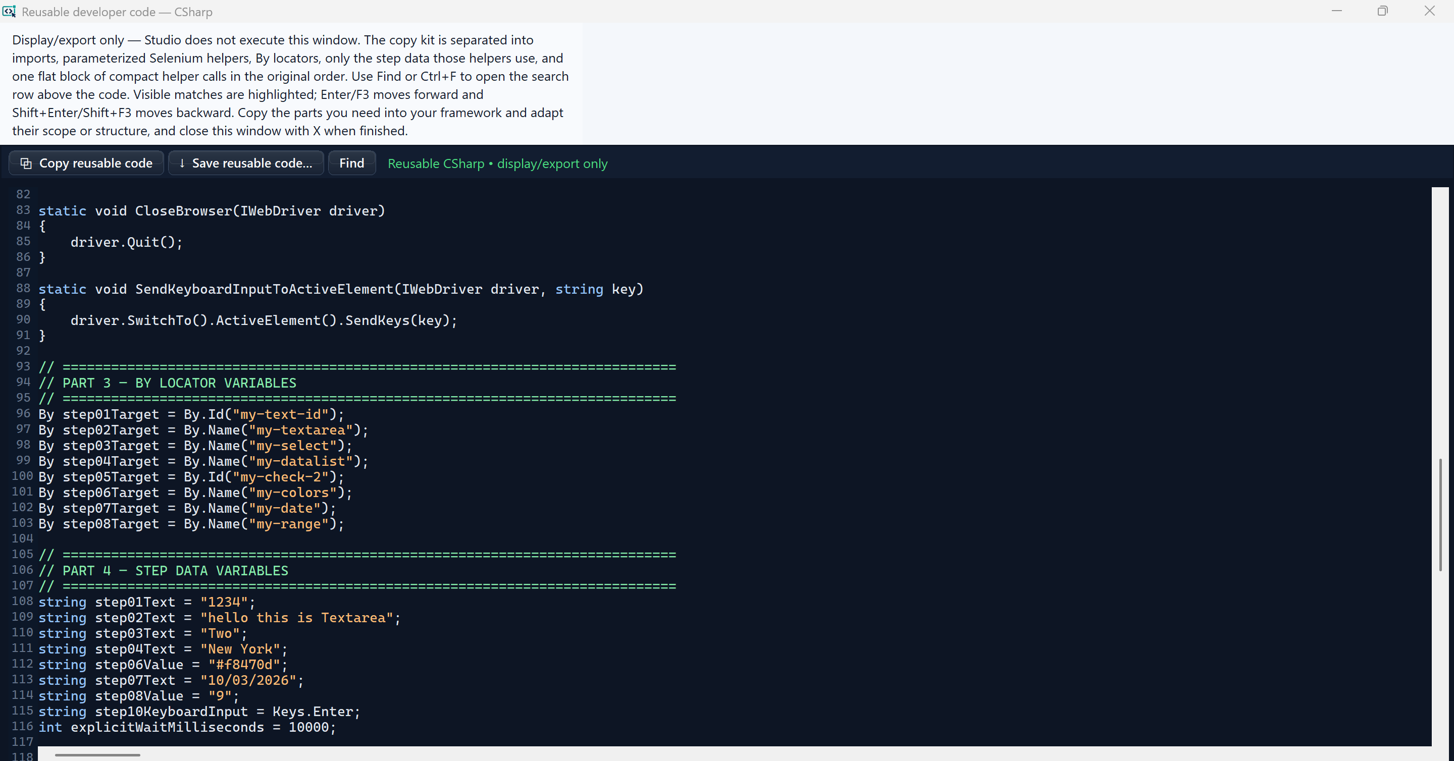 Reusable C-sharp copy kit showing By locator variables and step data variables