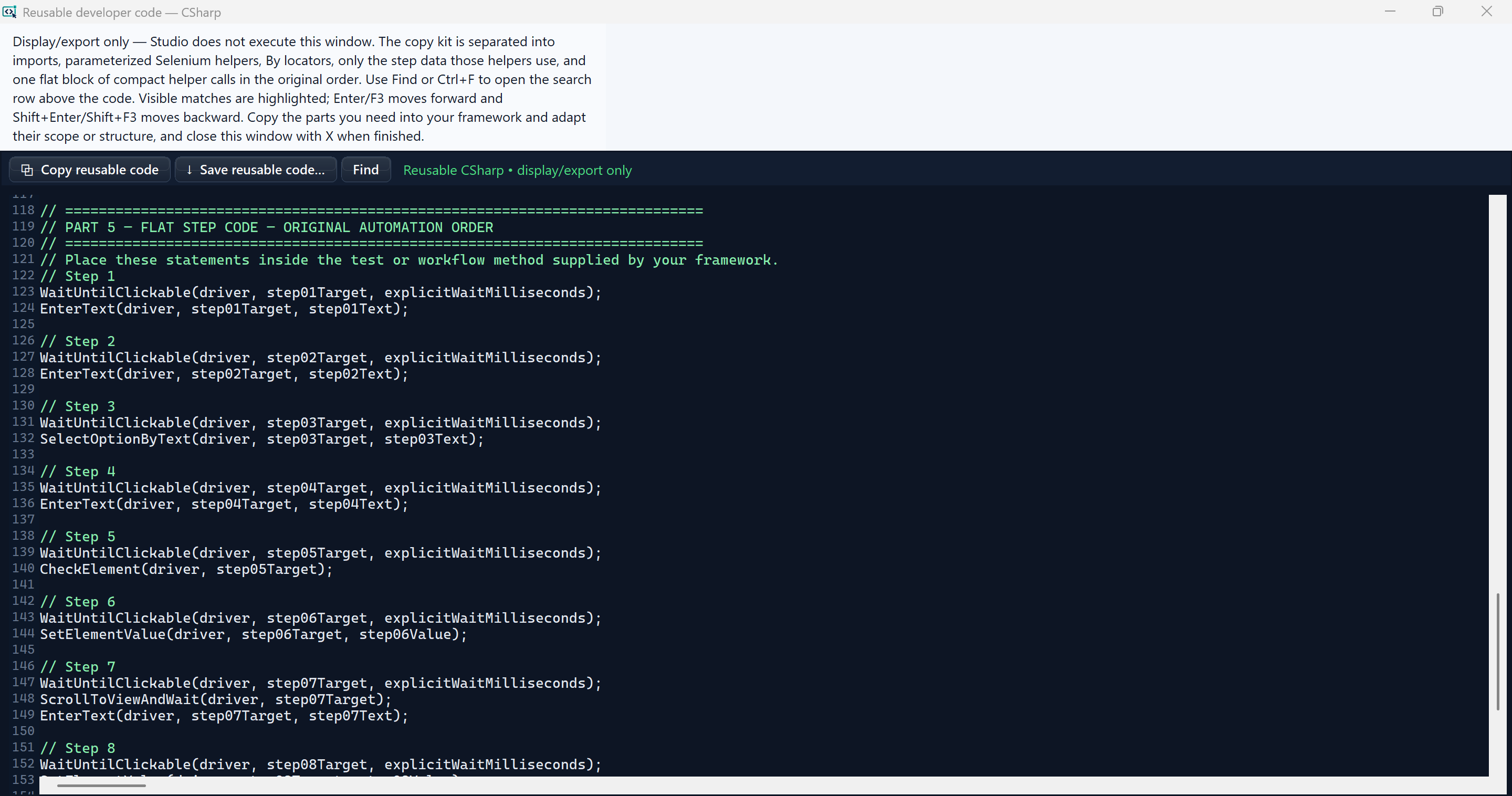 Reusable C-sharp copy kit showing a flat ordered block of helper calls for each step