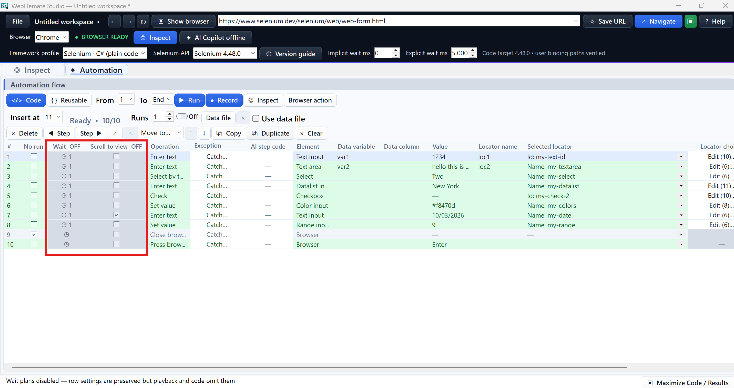 Automation grid highlighting global Wait and Scroll to view switches and their row settings