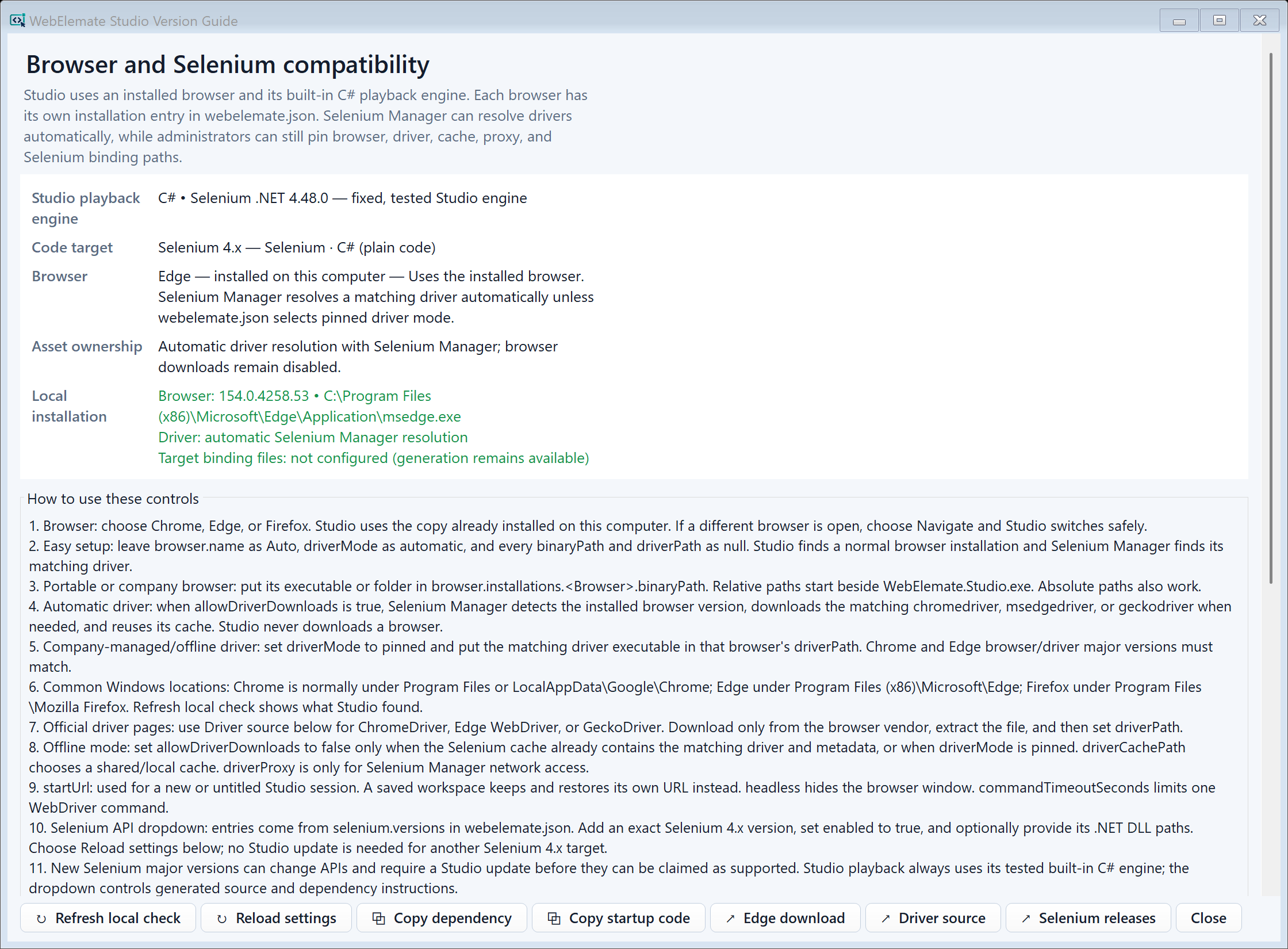 Version Guide with detected browser and driver evidence, Selenium target guidance, cache and proxy information, and official sources