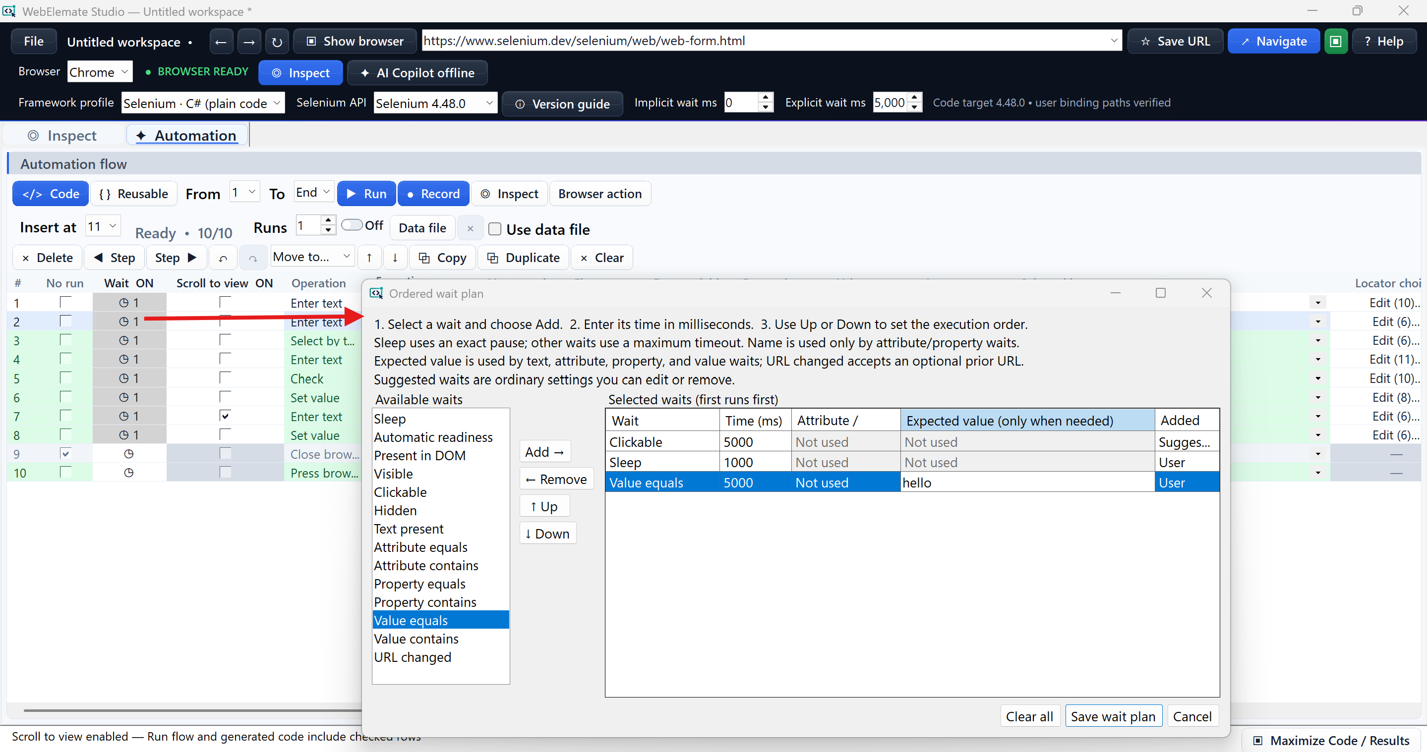 Ordered wait plan with automatic readiness, clickable, sleep, and value conditions